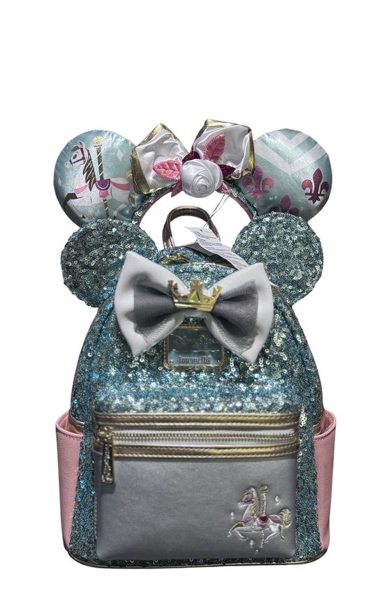Loungefly Minnie Mouse Main Attraction King Arthur Carousel Backpack & Ears